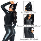 3Pc.Captivating Crime Fighter,Quilted Catsuit,Utility Belt,Mask Large Black