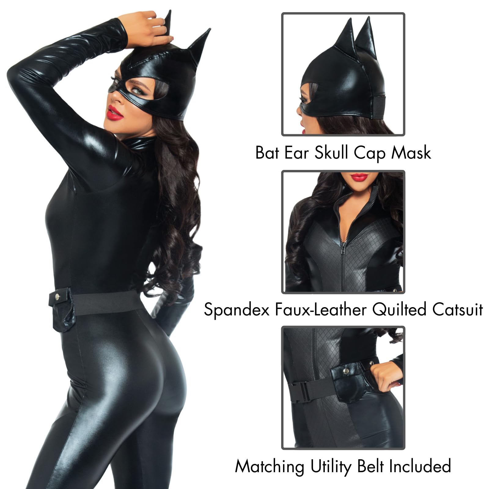 3Pc.Captivating Crime Fighter,Quilted Catsuit,Utility Belt,Mask Large Black