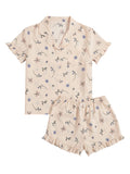 Verdusa Pajamas For Women Set 2 Piece Summer Pajama Sets Cute Pjs Lounge Matching Button Shirt with Shorts Beige Blue Large