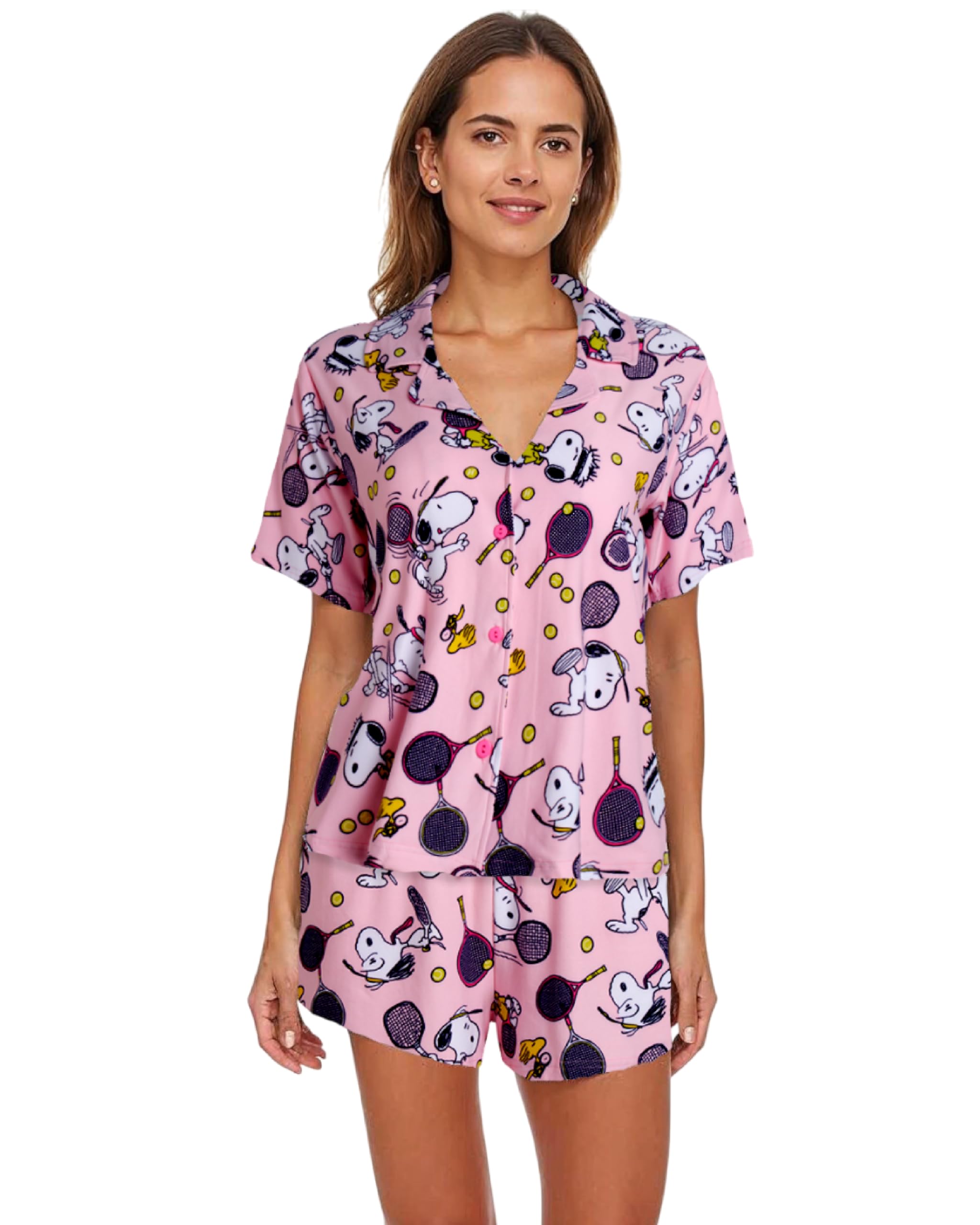 COCO BRANDS Peanuts Snoopy Womens Pajama Sets - 2 Piece Womens Short Sleeve Button Down Shirts and Pajama Shorts (XS-XL), Size X
