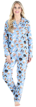 PajamaMania Womens Cotton Flannel Long Sleeve Button-Down Pajamas PJ Set, Blue Dogs, Small