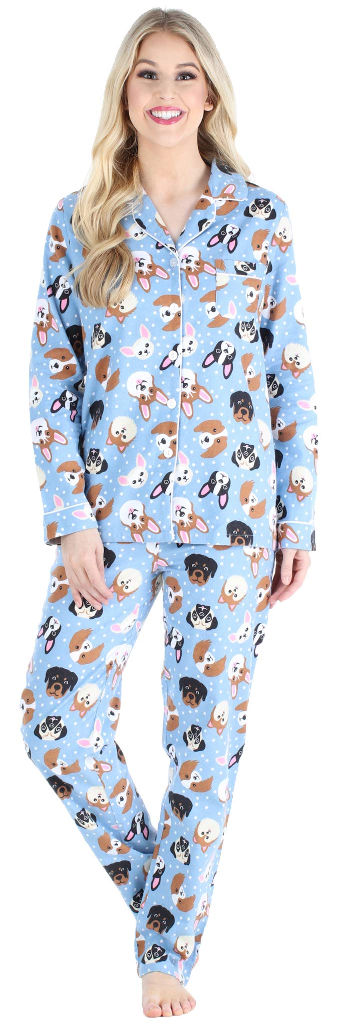 PajamaMania Womens Cotton Flannel Long Sleeve Button-Down Pajamas PJ Set, Blue Dogs, Small