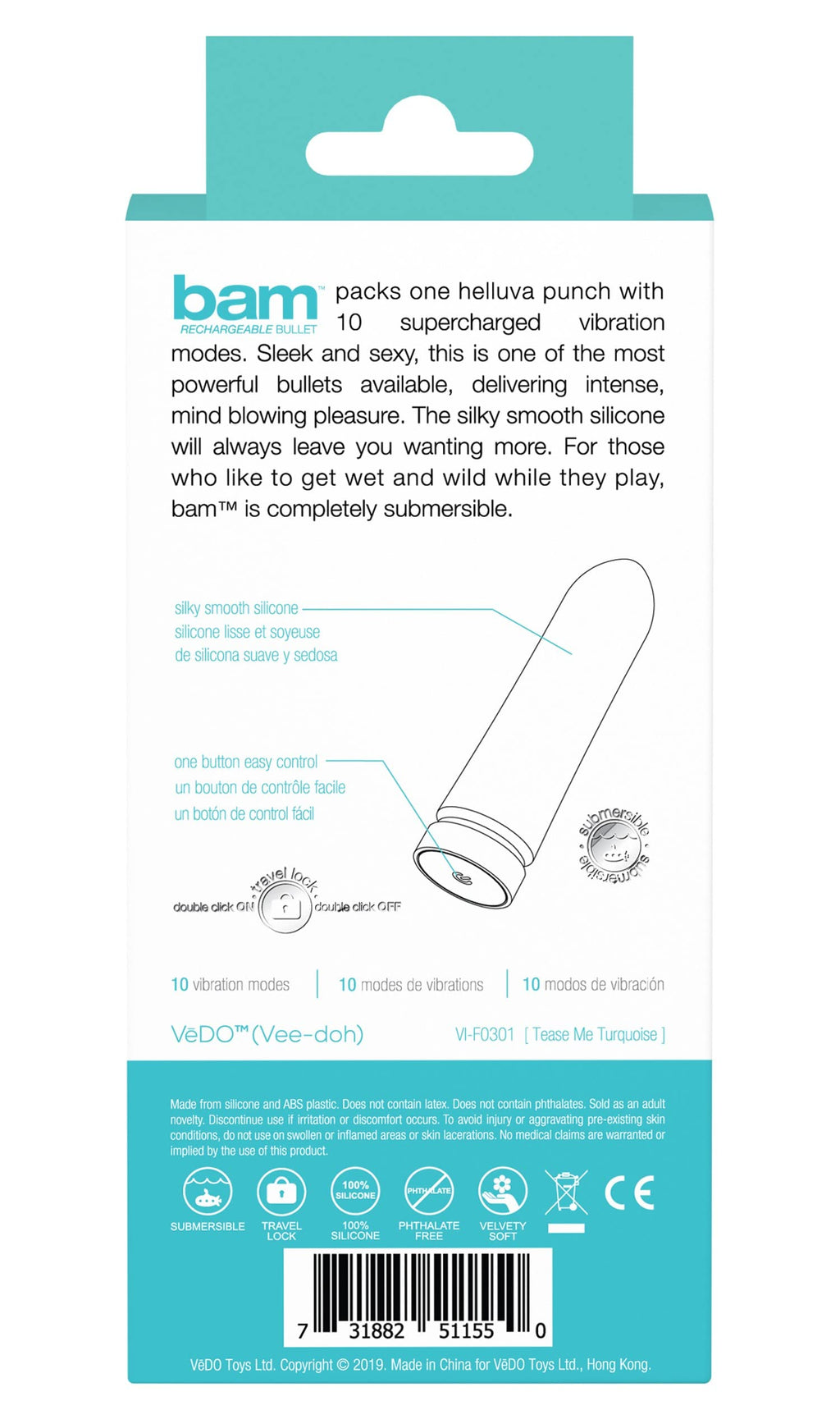 Vedo Bam Rechargeable Bullet, Tease Me Turquoise
