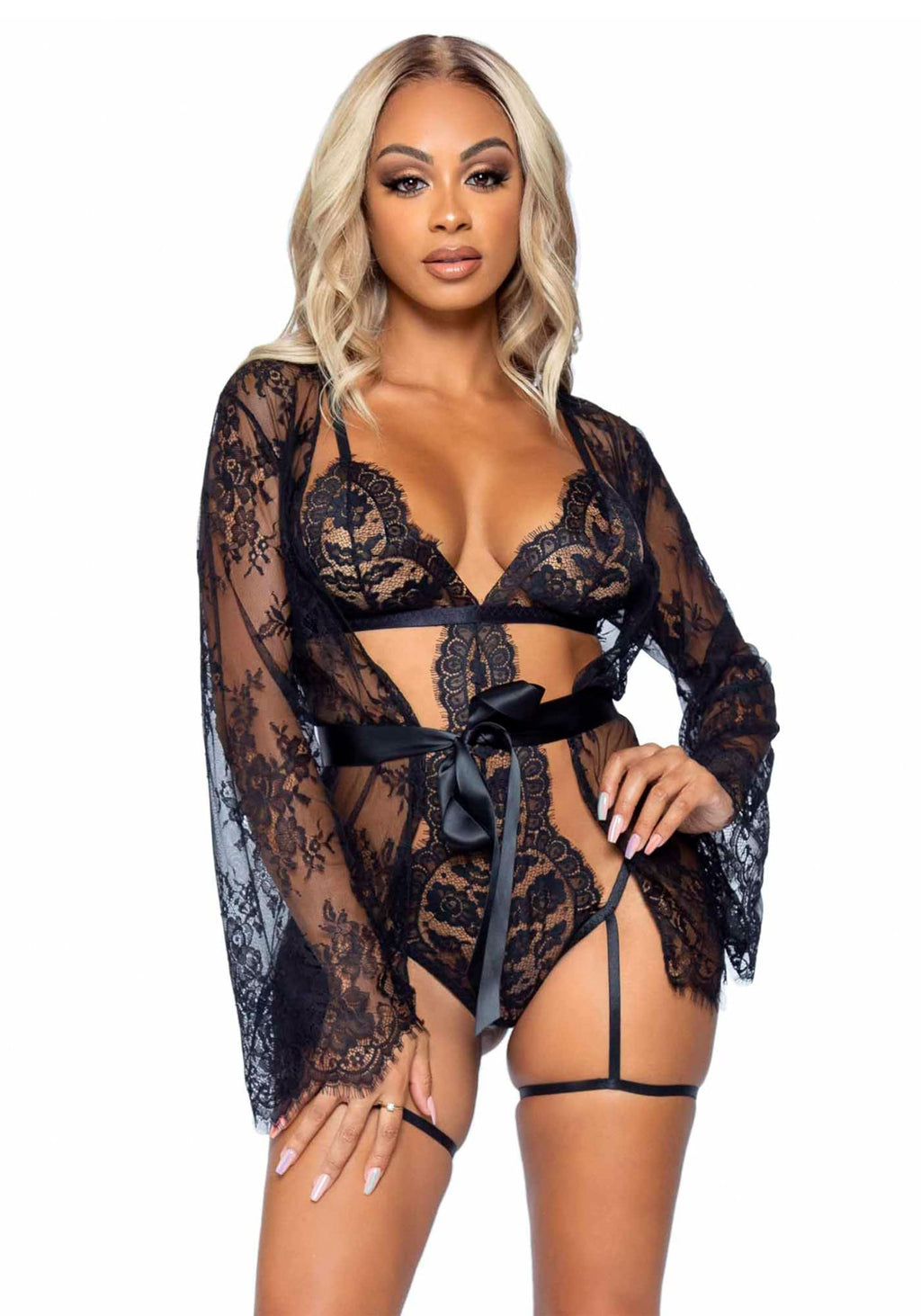 Leg Avenue 2 Pc Eyelash Lace Keyhole Halt Black Color