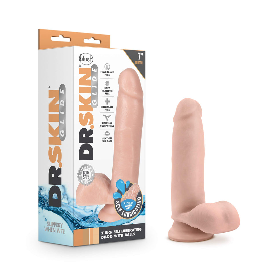 Blush Novelties Dr. Skin Glide 7 Inch Realistic Dildo with Balls, Strap On Harness Compatible, Sex Toy for Adults, Vanilla