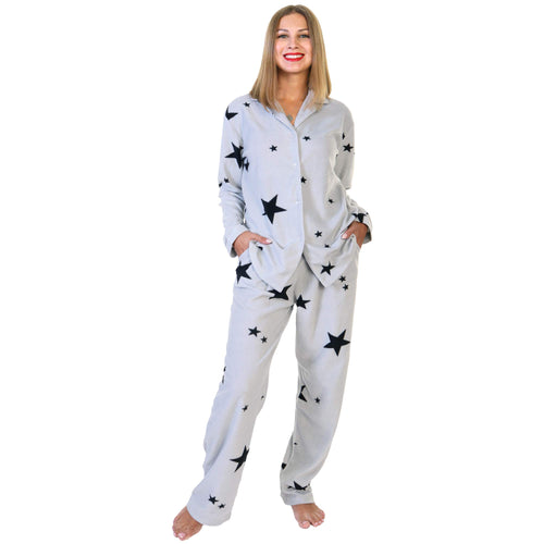 Angelina Womens Pajama Set Cozy Fleece with Notch Collar and Pockets | PJ56_2XL | Grey Star