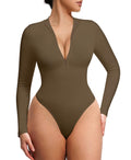 FeelinGirl Long Sleeve Body Suit for Women Mock Turtle Neck Zip Up Bodysuit Ribbed Deep V Bodysuit Espresso M/L