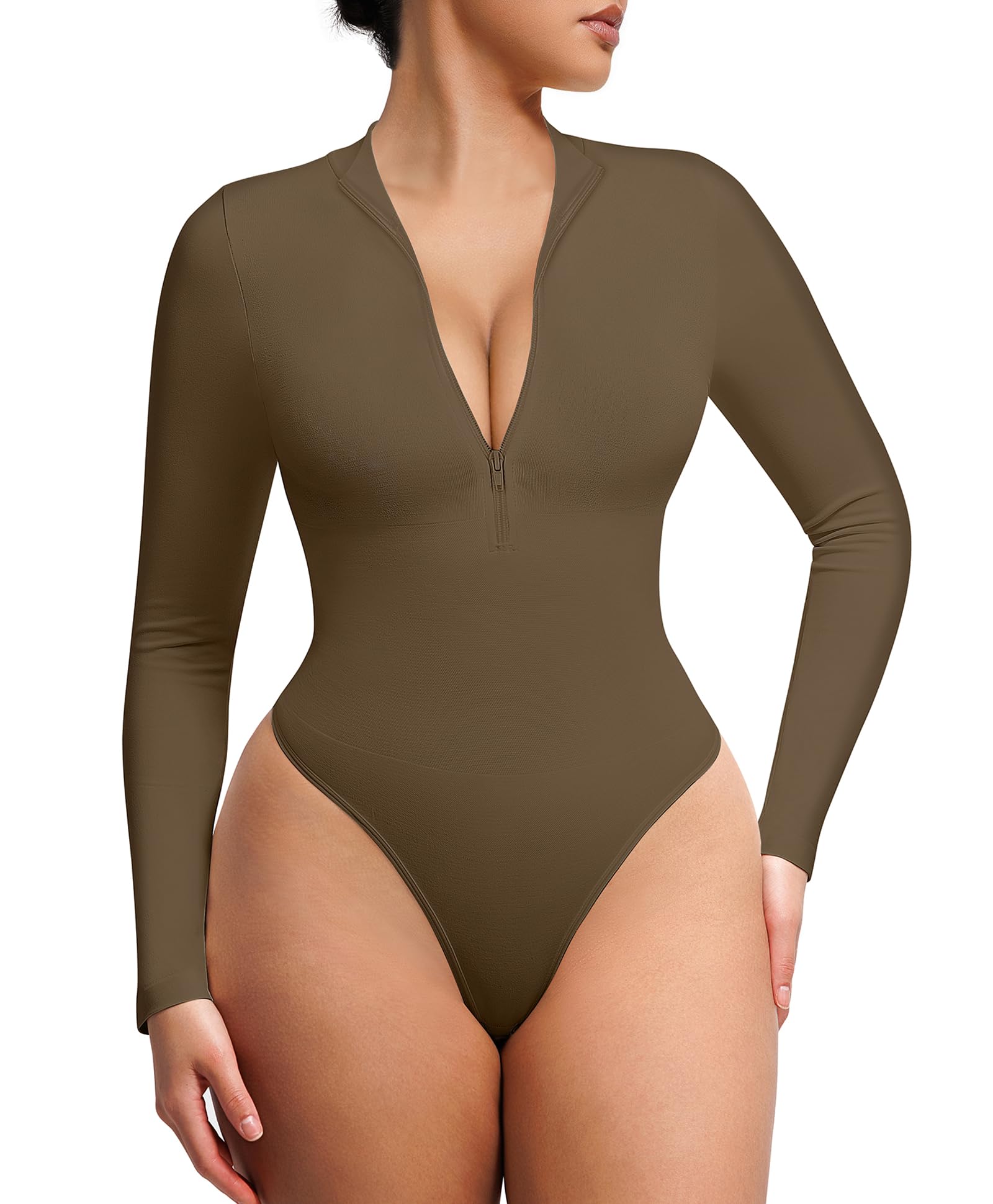 FeelinGirl Long Sleeve Body Suit for Women Mock Turtle Neck Zip Up Bodysuit Ribbed Deep V Bodysuit Espresso M/L