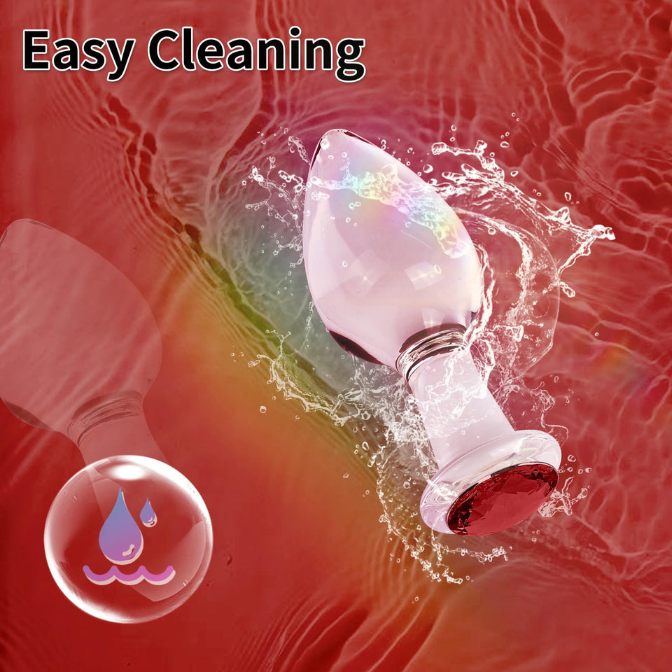 Crystal Glass Anal Plug with Luxury Jewelry Butt Plug Fetish Anus Stimulation Unisex Adult Anal Sex Toy (Red, S)