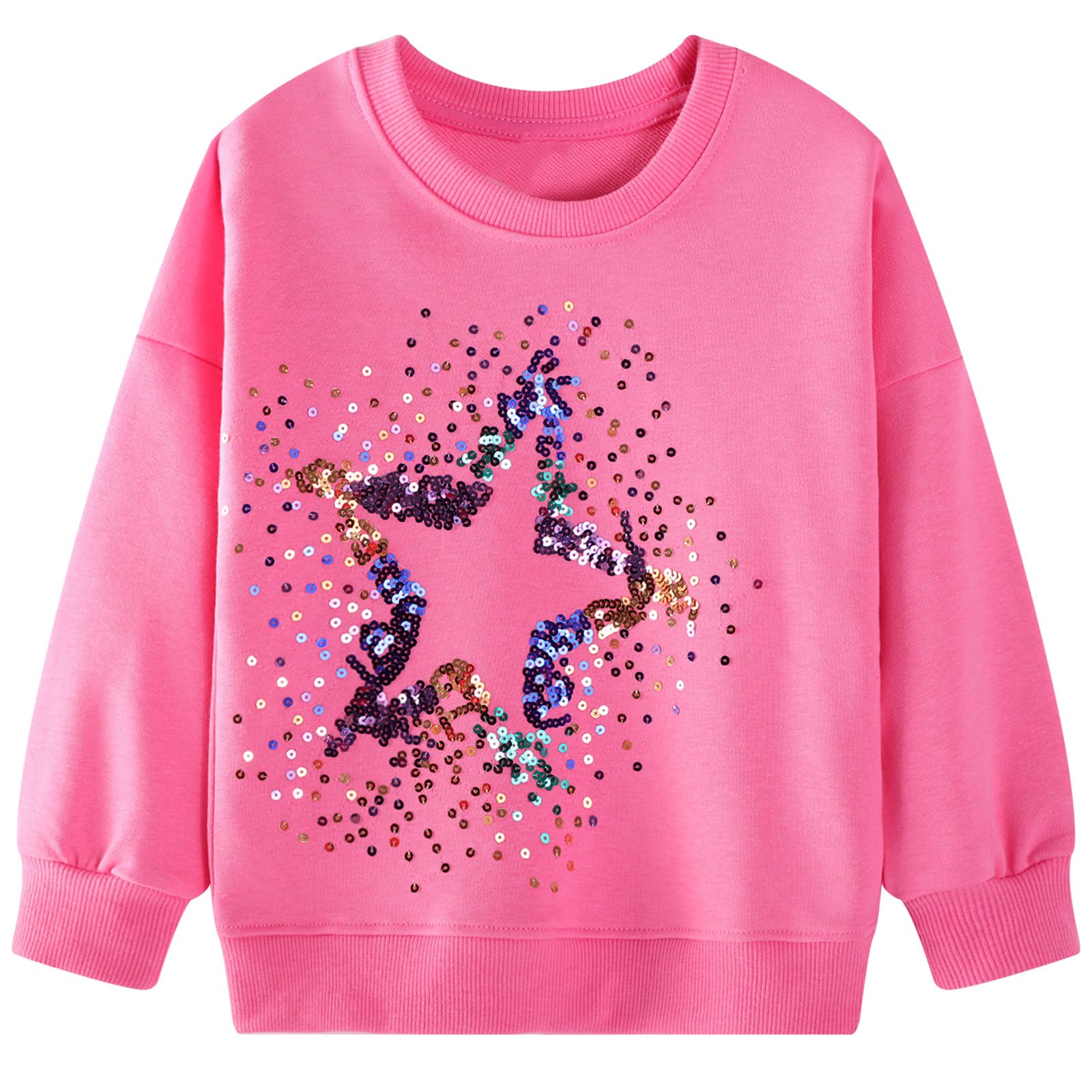 FreeLu Girls Cotton Pullover Sweatshirts Kids Cute Cartoon Printed Crewneck Tops(5T,Sequin Star)