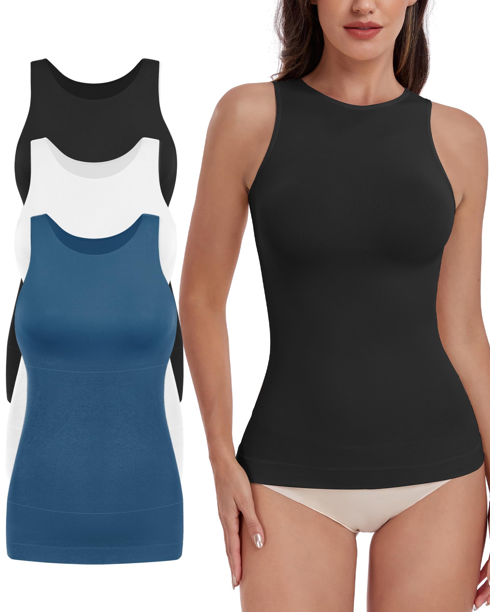 EUYZOU Women 3PK Shapewear Tummy Control Tank Tops Seamless Compression Tops Body Shaper Camisole, Black/White/Blue L
