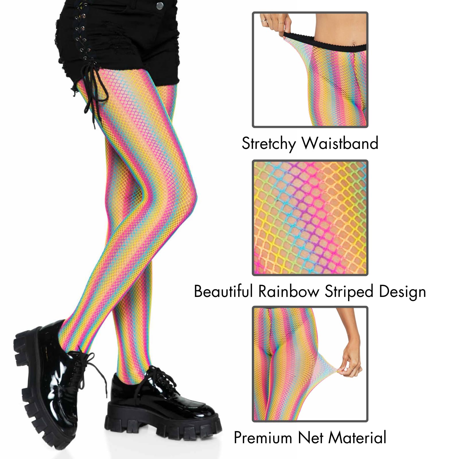 Neon rainbow stripped fishnet
