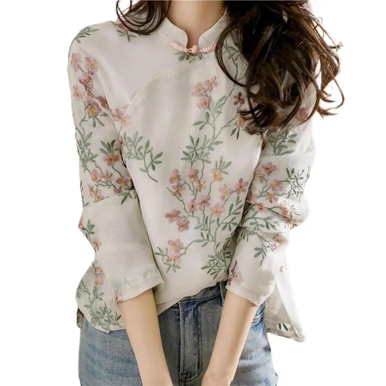 Blouse Soft Women Shirt Chinese Style Long Sleeve Cheongsam Shirt All Match(Large) White