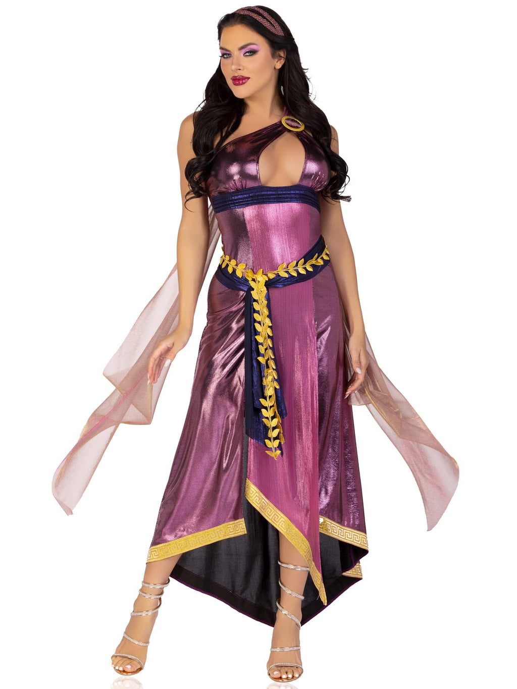 3 Pc Amethyst Goddess, Includes Asymmetrical Shimmer Dress With One-Shoulder Buckle Accent And Ribbon Trim, Attached Iridescent