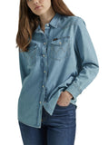 Wrangler Womens Boyfriend Denim Snap Closure Shirt, Glacier, Large