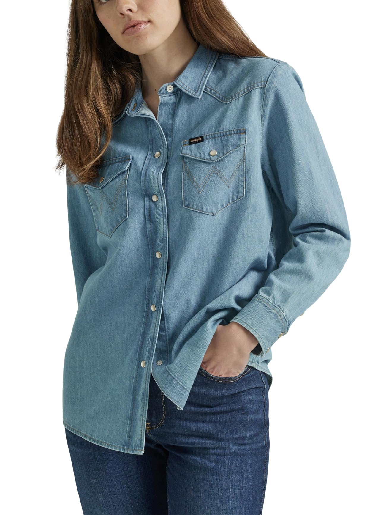 Wrangler Womens Boyfriend Denim Snap Closure Shirt, Glacier, Large