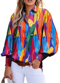 Astylish Women Casual Cute Lantern Sleeve Versatile Button Down Spring Boho Blouse Beautiful Flattering Modern V-Neck Print Shir