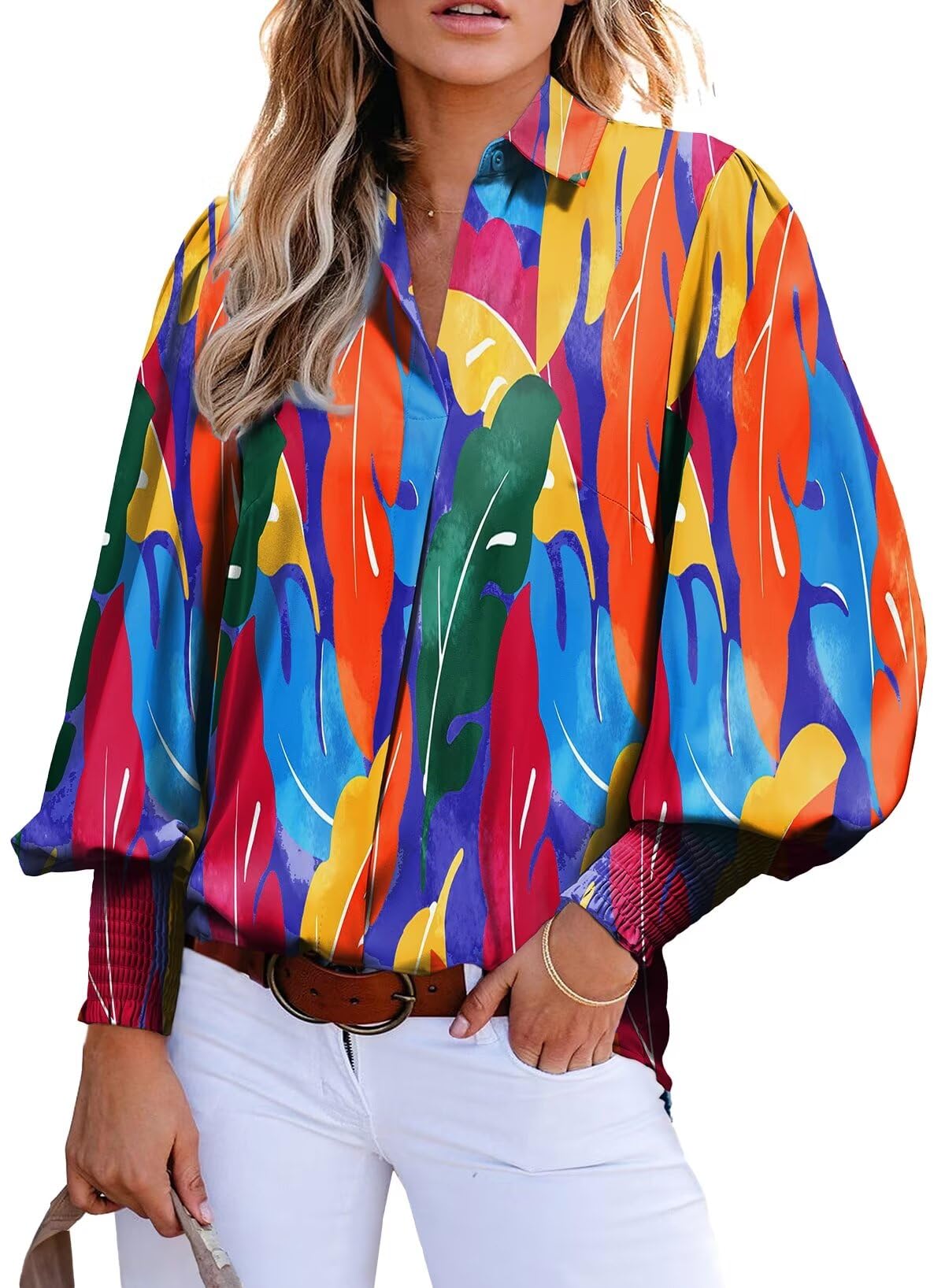 Astylish Women Casual Cute Lantern Sleeve Versatile Button Down Spring Boho Blouse Beautiful Flattering Modern V-Neck Print Shir