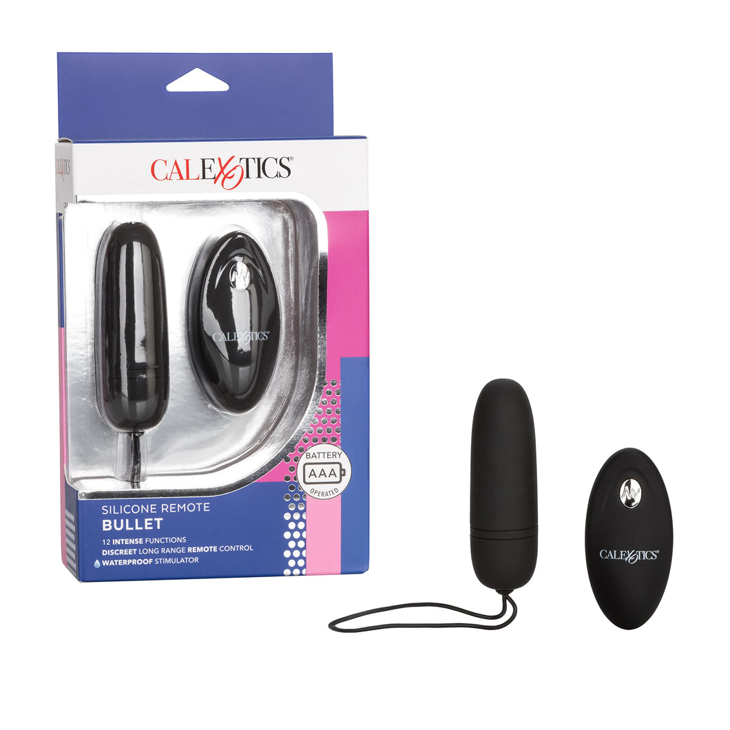 Calexotics Silicone Remote Bullet Vibrator, Waterproof 12-Functions Silicone Massager With Easy Retrieval Cord Black Se-0077-10-