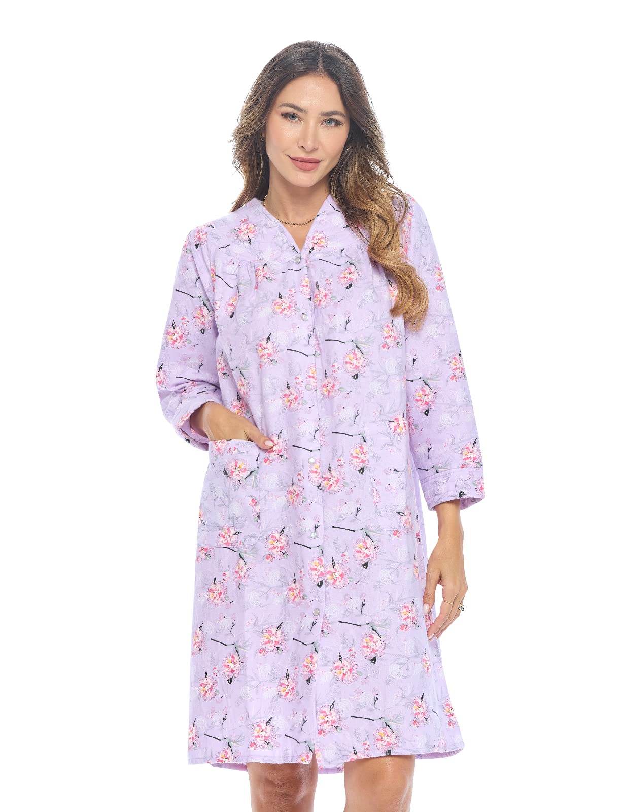 Casual Nights Womens Floral Snap Front Flannel Duster Long Sleeve Lounger Dress - Purple Floral - Plus Size 2X