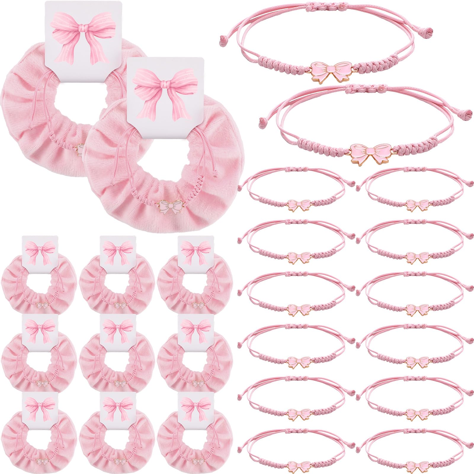 Hoteam 24 Sets Coquette Party Gifts Bulk Adjustable Coquette Bow Braid String Bracelets Pink Hair Scrunchies with Bow Cards Chee
