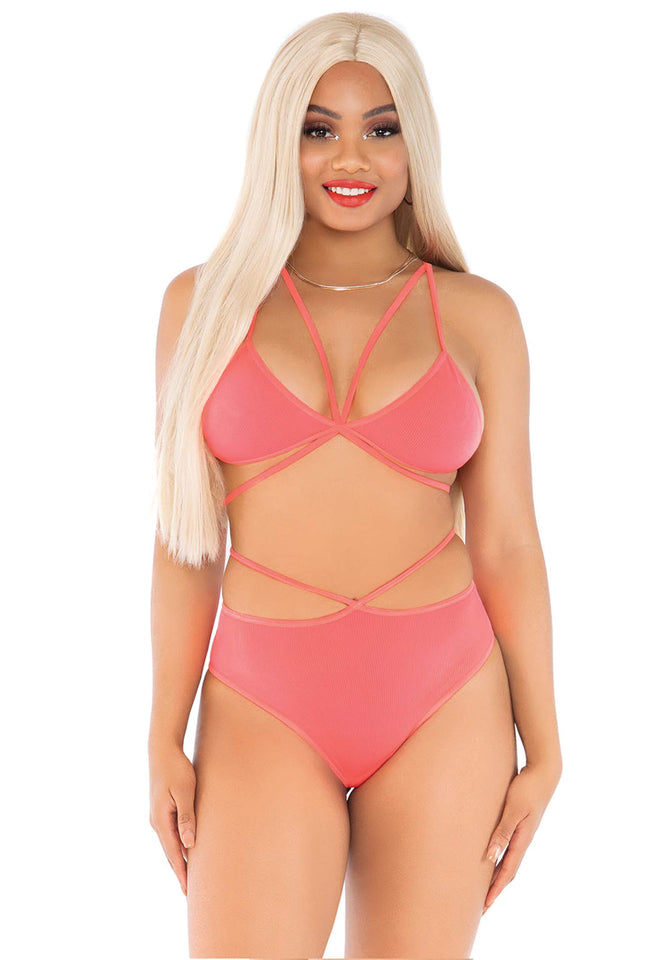 2 Pc Opaque Cage Strap Bra Top - O/S / Coral