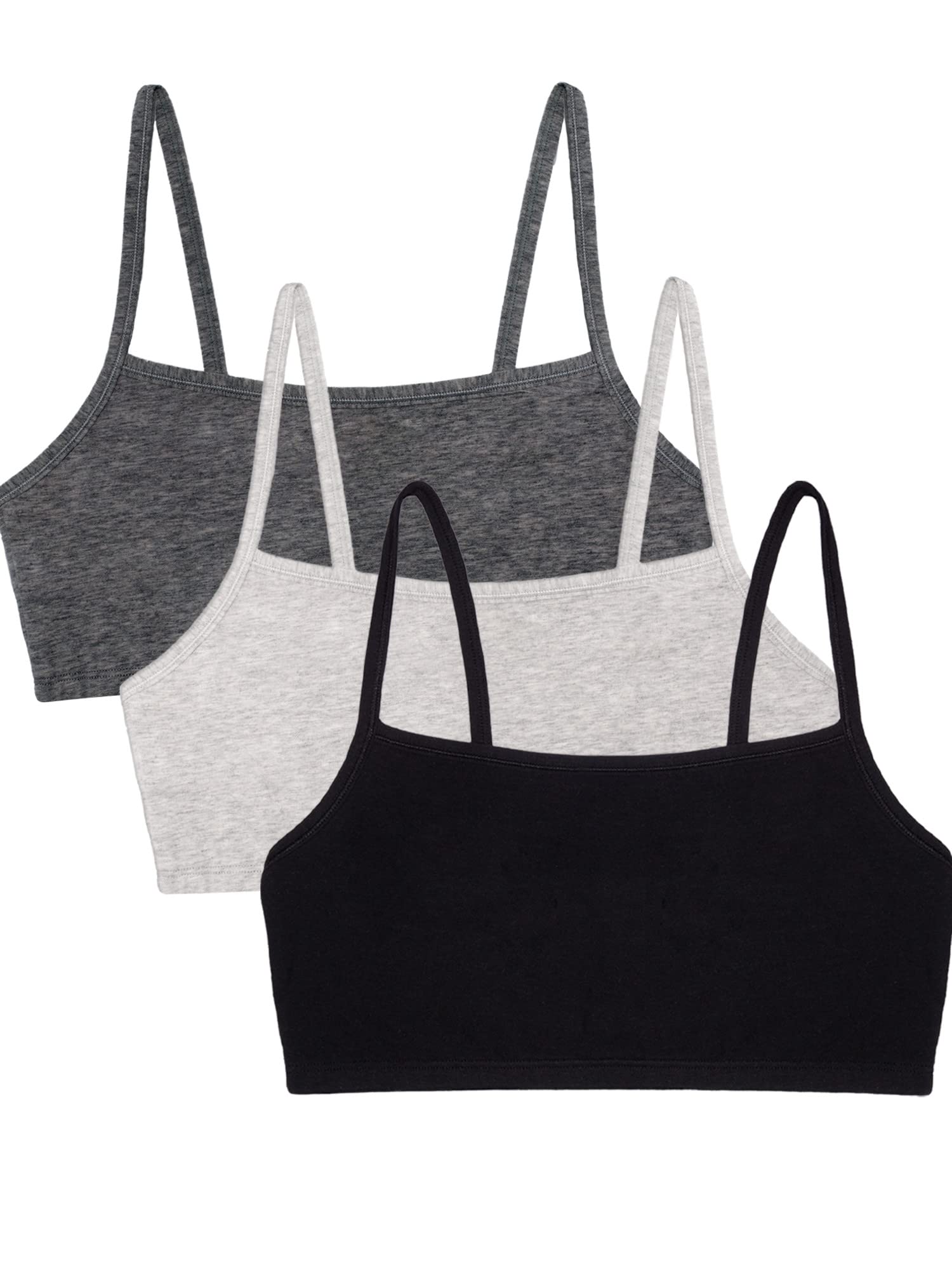 Fruit of the Loom Womens Spaghetti Strap Cotton Pull Over 3 Pack Sports Bra, Black/Heather Grey/Charcoal, 38