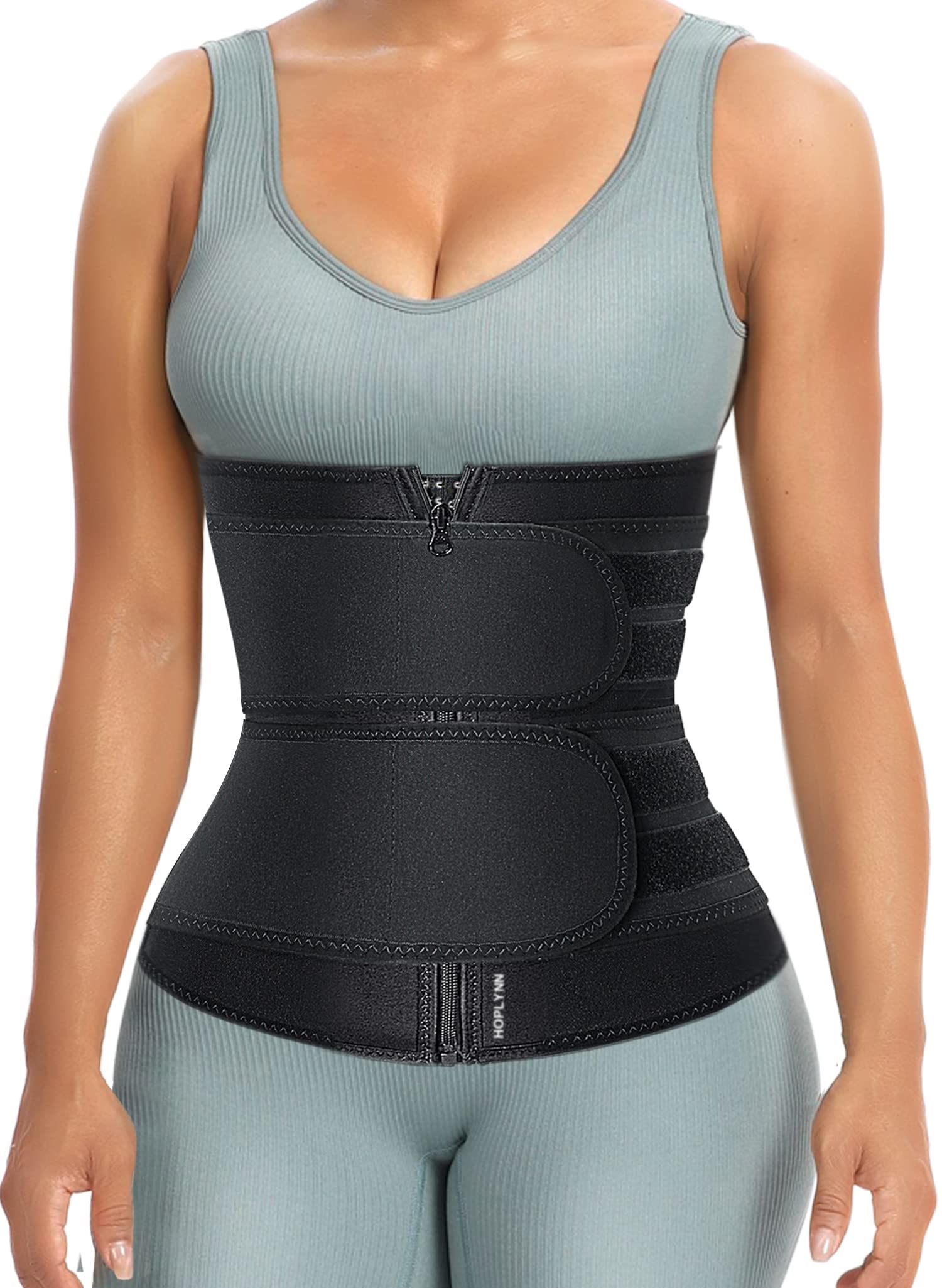 HOPLYNN Sweat Waist Trainer for Women Two Belts, Neoprene Workout Corset Waist Trainer Cincher Trimmer Shaper Zipper Black X-Lar