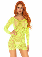 Crochet Lace Long Sleeved Mini - O/S / Neon Yello