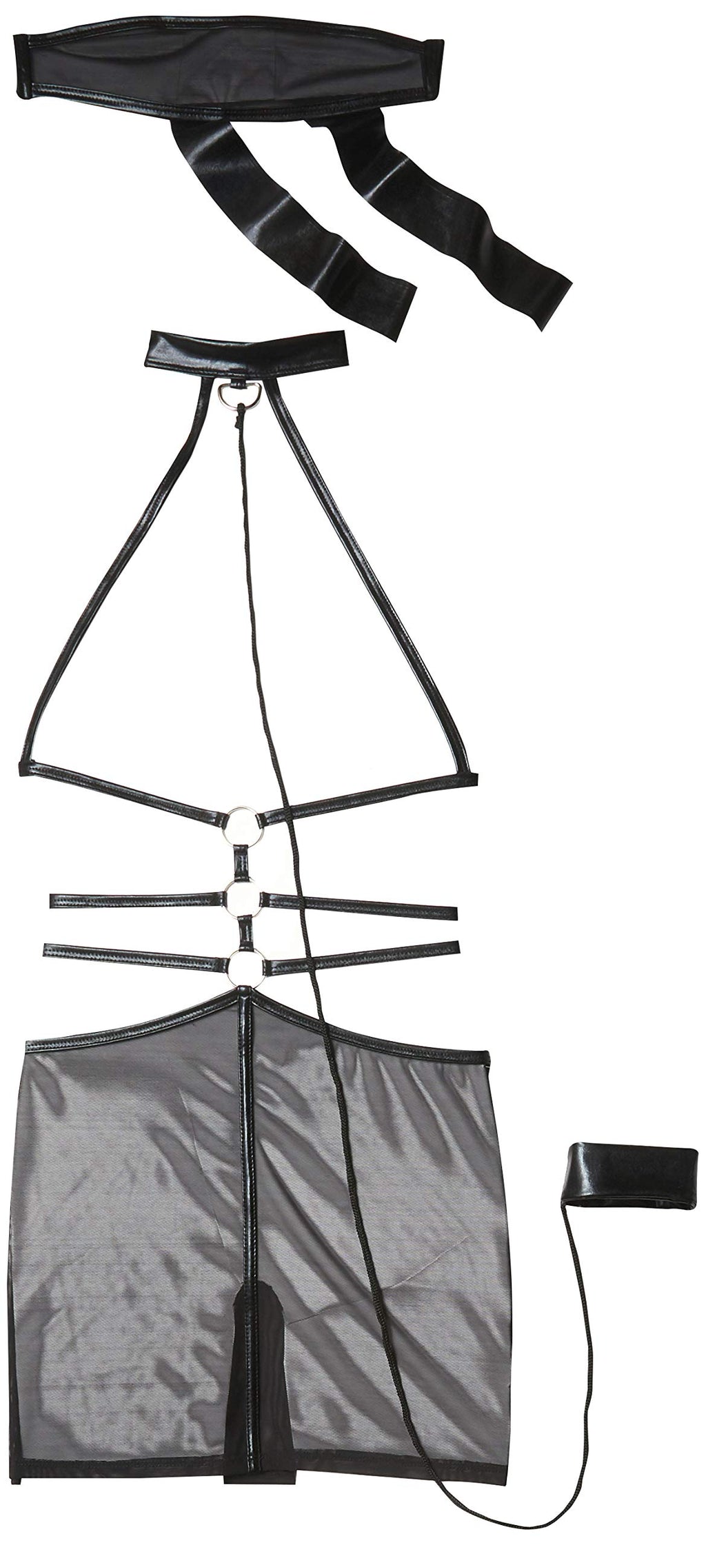 2 Pc Cage Strap O-Ring Harness Mini Dress With Attached Leash And Matching Eye Mask.