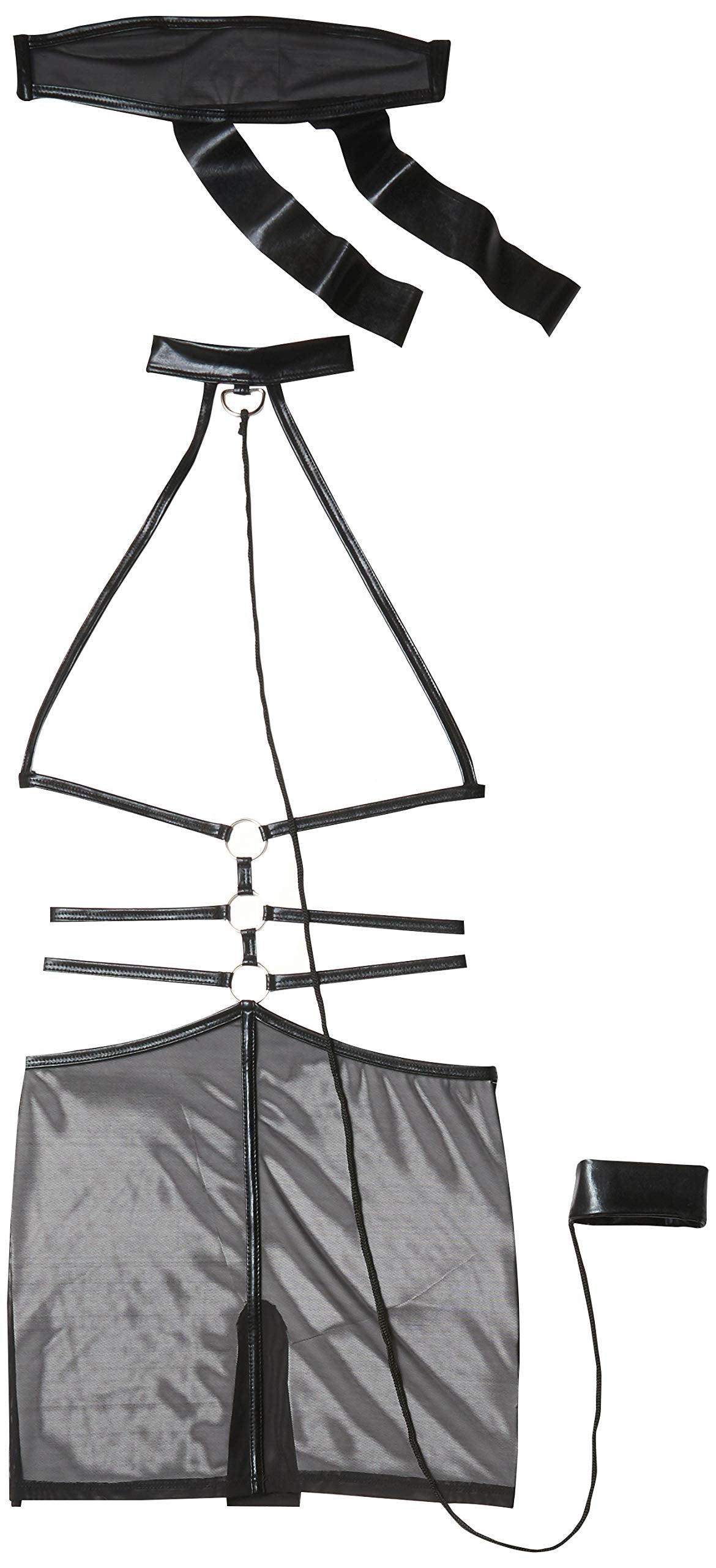 2 Pc Cage Strap O-Ring Harness Mini Dress With Attached Leash And Matching Eye Mask.