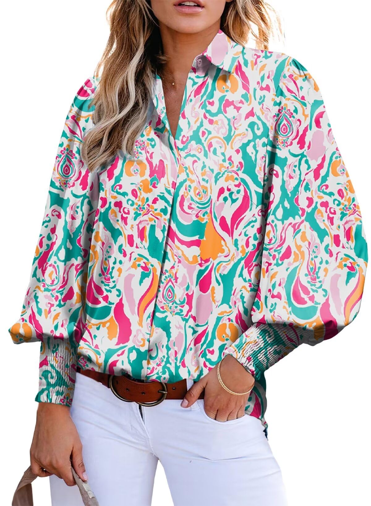 Astylish Womens Summer Boho Tops Lightweight Bright Color Button Down Shirts Versatile V-Neck Dressy Lantern Sleeve Blouse Red X