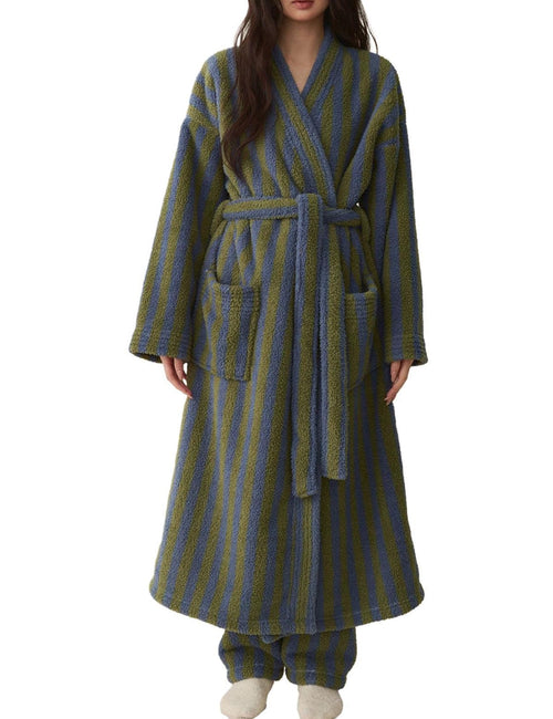 Arssm Womens Striped Fluffy Robe Long Plush Bathrobes Fuzzy Warm Cozy Thick Loungewear Maxi Robe(Green-L)