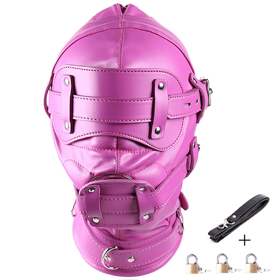 Leather Bondage Gimp Mask Hood, Full Face Blindfold Mask Hood Lockable & Dildo Penis Mouth Gag Breathable Restraint Head Hood, f