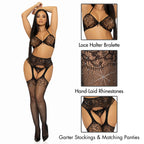 3 Pc Rhinestone Lace Bra Top, G-String, And Fishnet Garter Belt Stockings.