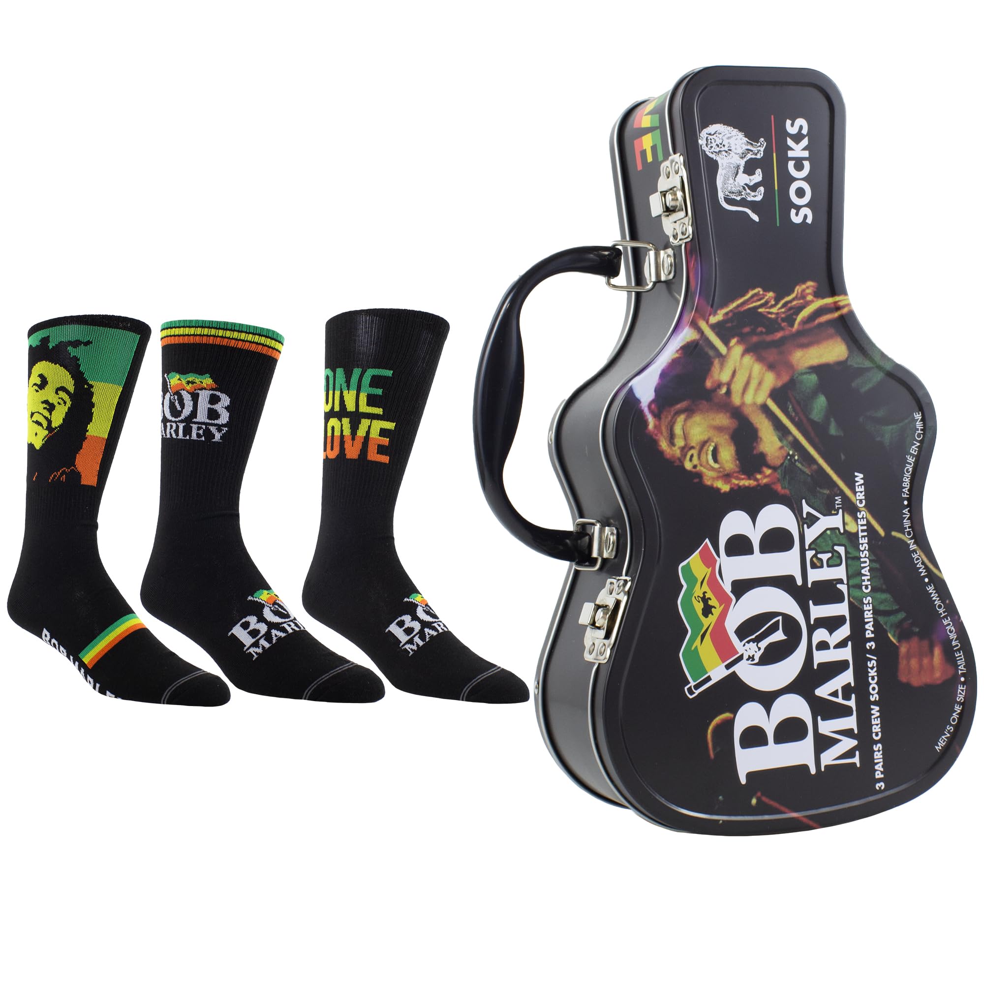 PERRIS SOCKS Bob Marley Guitar Tin Sock Box - Licensed Bob Marley Merchandise for Women and Men, 3 Pairs of Printed Crew Socks,