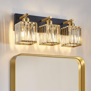 Aixialin Modern Crystal Bathroom Lights Fixtures Black Gold 3-Lights Bathroom Vanity Lights Over Mirror Brass Vanity Lighting Fi