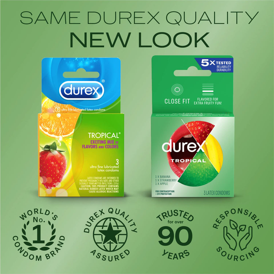 Condoms, Lubricated Latex, Durex Tropical Flavors Condom, 3 Ct Mix Of Tropical Orange, Banana And Strawberry Fruit Flavors