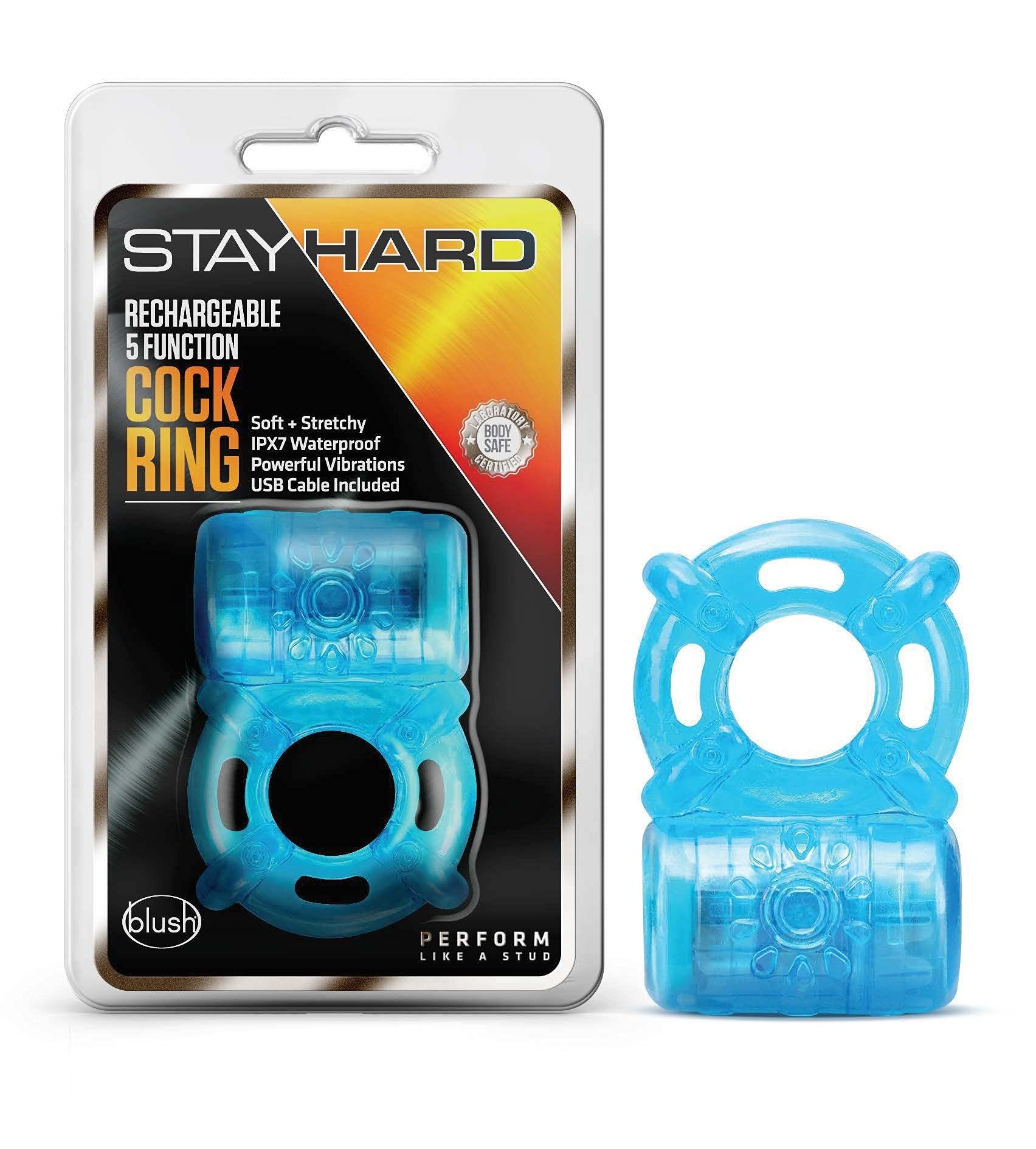 Blush Novelties Stay Hard - USB Rechargeable 5 Function Vibrating Cock Ring - Stretchy - IPX7 Fully Submersible Waterproof - Las