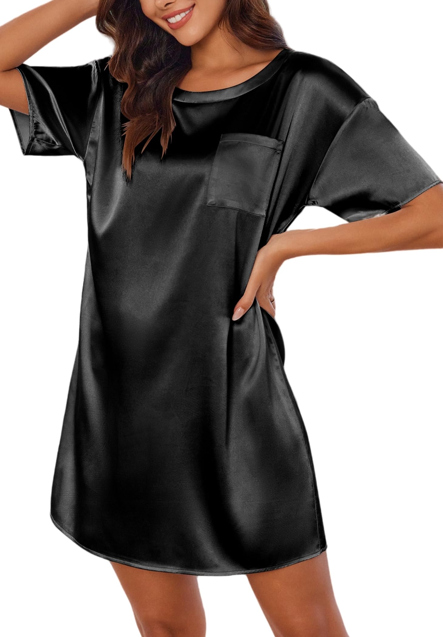 Ekouaer Silky Sleep Shirts for Women Satin Nightshirt Tshirt Nightgown Short Sleeve Pajama Dress Round Neck Shirt Dress With Che
