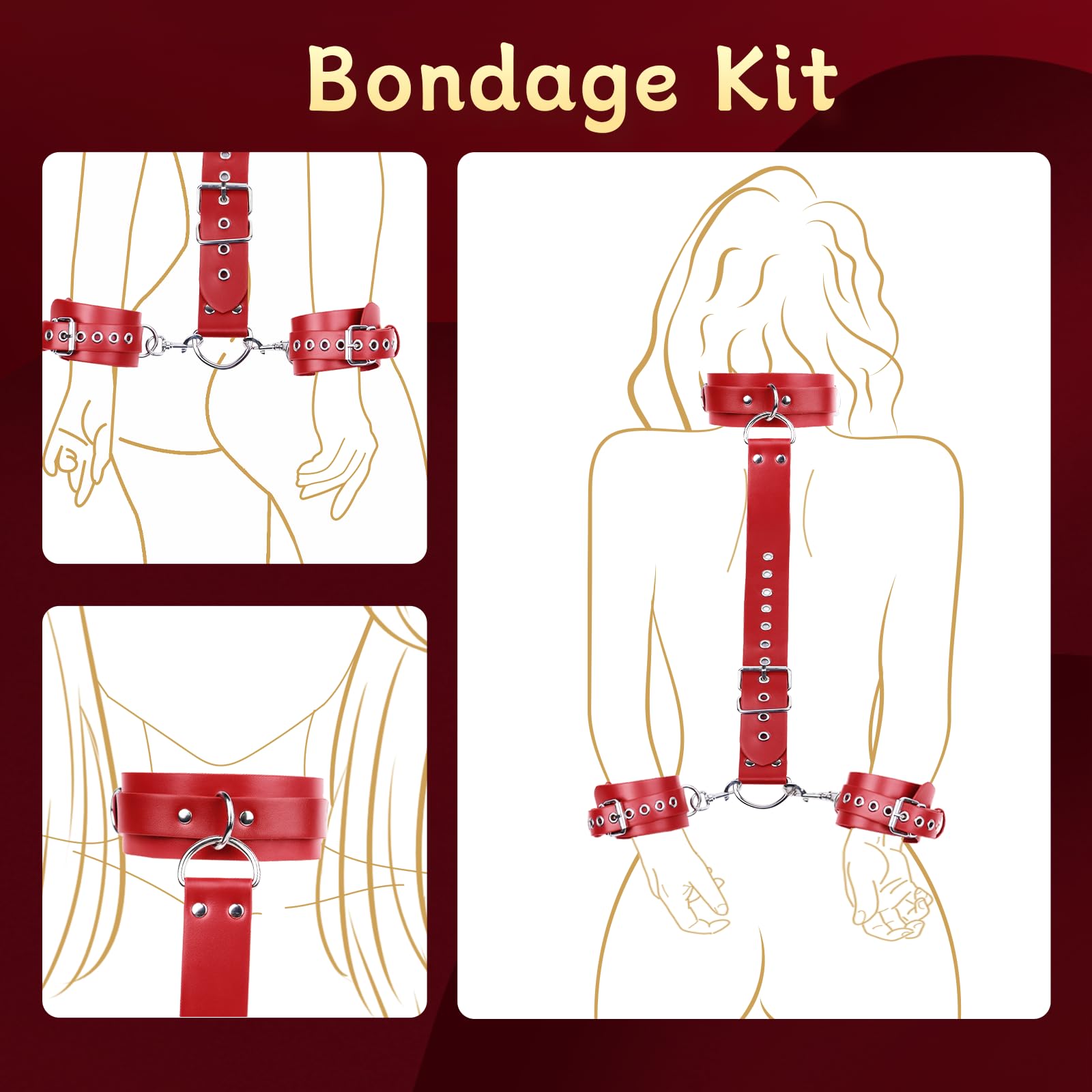 BDSM Bondage Sex Restraints Set Couples Sex Toys, Neck to Wrist Restraints Kit with Traction Chain Back Sex Handcuffs Collar Adj