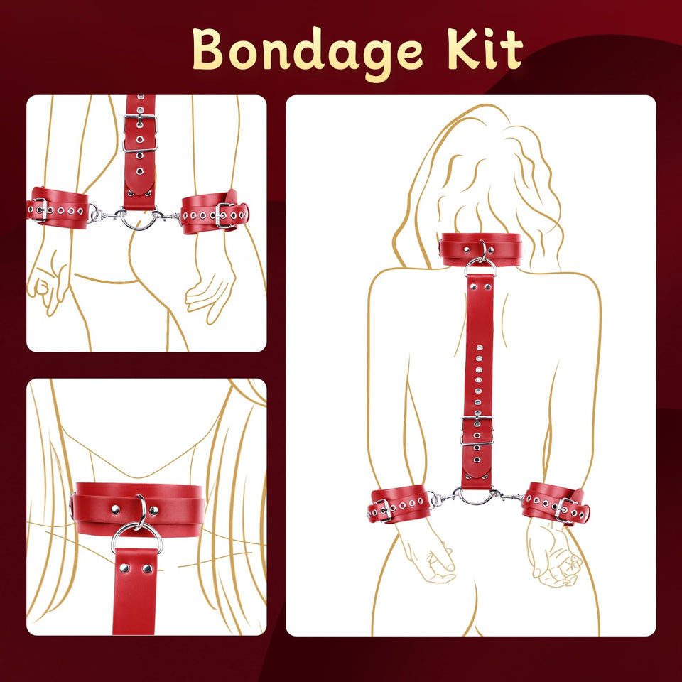 BDSM Bondage Sex Restraints Set Couples Sex Toys, Neck to Wrist Restraints Kit with Traction Chain Back Sex Handcuffs Collar Adj