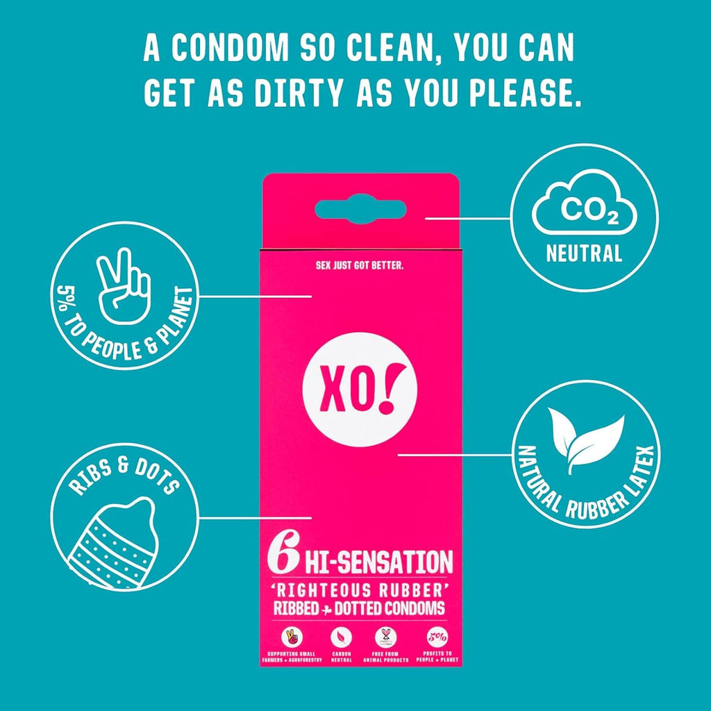XO Hi-Sensation Righteous Rubber Condoms, PETA-Certified Vegan, Fairly-Traded Natural Latex, Ribbed and Dotted, Cruelty Free, Pa
