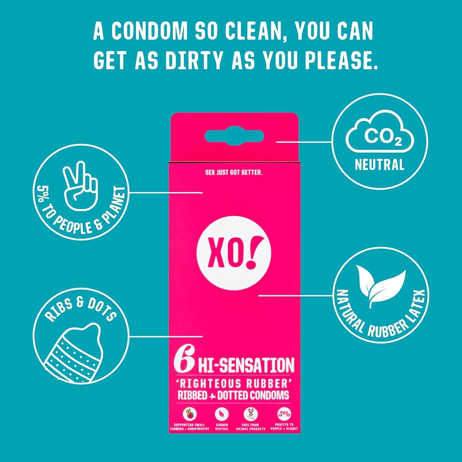 XO Hi-Sensation Righteous Rubber Condoms, PETA-Certified Vegan, Fairly-Traded Natural Latex, Ribbed and Dotted, Cruelty Free, Pa