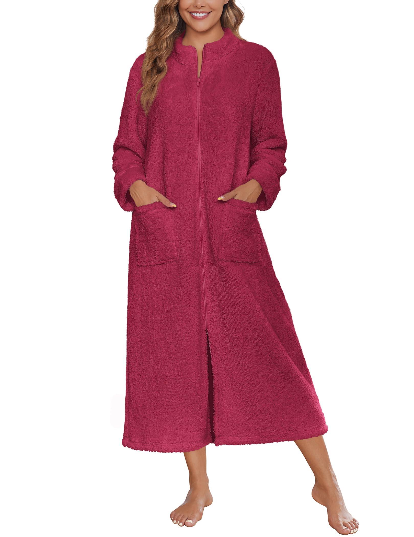 Ekouaer Women Zipper Robe Long Sleeves Bathrobe Winter Sleepwear Warm Soft Housecoat with Pockets Zip Up House Robes