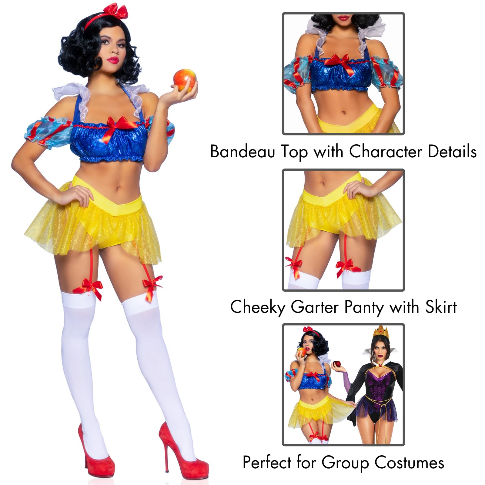 3 Pc Bad Apple Snow White, Includes Shimmer Halter Bandeau With Organza Puff Sleeves And Ruffle Collar, Garter Panty With Shimme