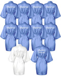 Jecery 10 Pcs Bride Bridesmaid Robes Kimono Rhinestones Short Satin Robes for Women Wedding Party (White and Light Blue)