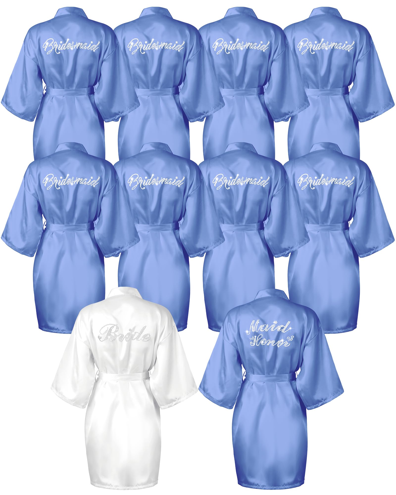 Jecery 10 Pcs Bride Bridesmaid Robes Kimono Rhinestones Short Satin Robes for Women Wedding Party (White and Light Blue)