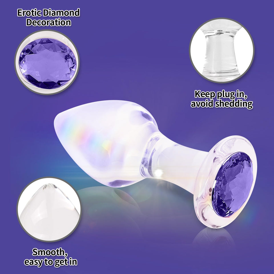 Crystal Glass Anal Plug with Luxury Jewelry Butt Plug Fetish Anus Stimulation Unisex Adult Anal Sex Toy (Purple, M)