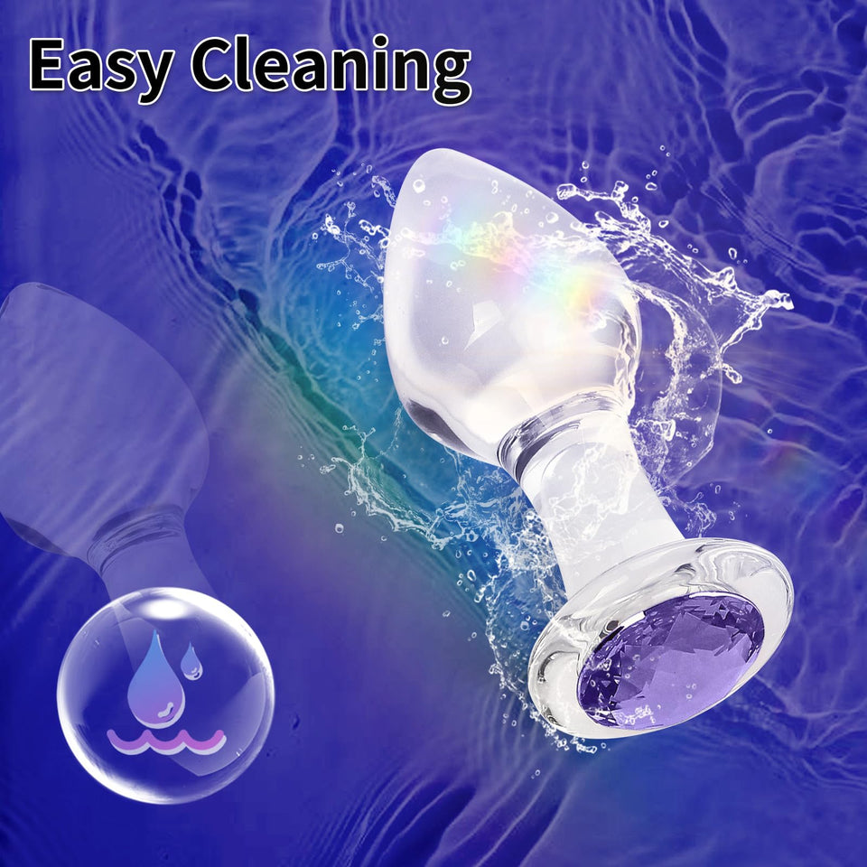 Crystal Glass Anal Plug with Luxury Jewelry Butt Plug Fetish Anus Stimulation Unisex Adult Anal Sex Toy (Purple, M)